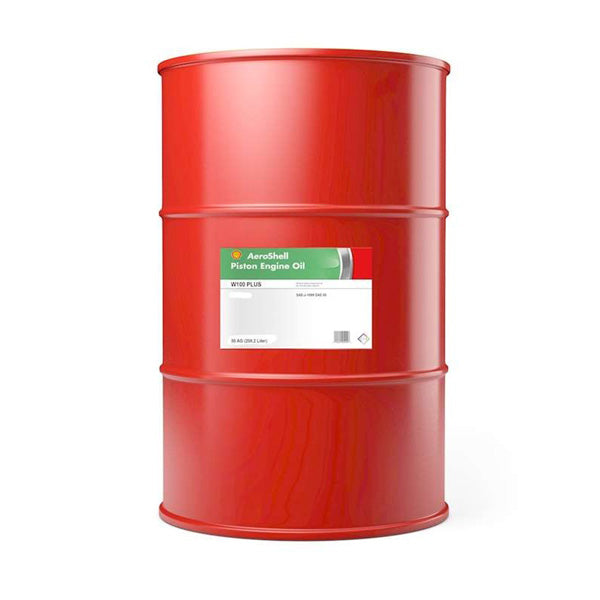AeroShell Oil W100 Plus piston-engine oil in a 55-US-gallon drum, P/N OIL_W100+_55DR