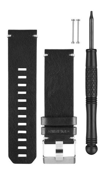 Garmin black leather watch band kit with pins and tool, P/N 010-12168-29